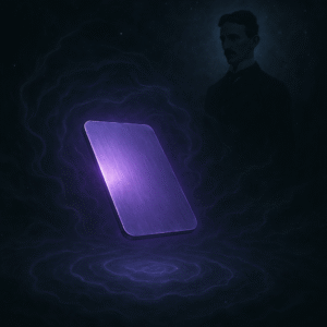 A mysterious glowing purple aluminium plate floating in a dark